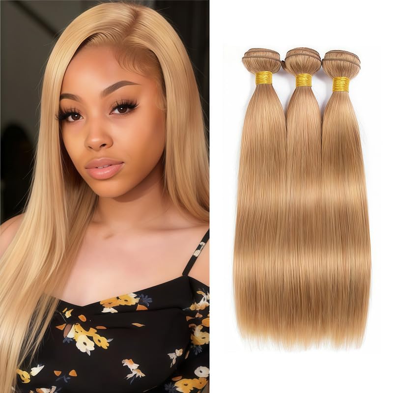 Honey Blonde Human Hair Bundles 22 24 26 Inch 12A Straight Bundles Human Hair Brazilian Virgin Hair 3 Bundles Double Weft Hair Extensions for Women 27 Color