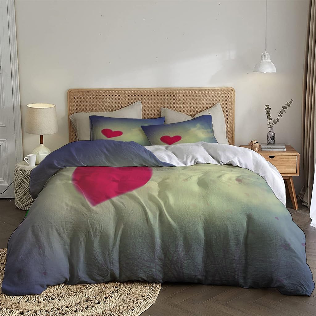 NIBAINLO 布団カバー飛んでいる赤いハート 肌に優しい ピーチスキン加工 掛け布団カバー 和式 洋式 あったか 布団カバーセット リバーシブル ホームステイ ホテル 家庭兼用