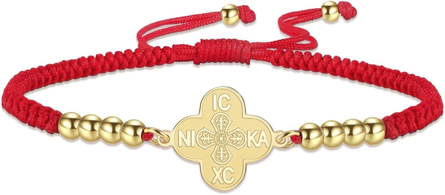 Eouyt Orthodox Cross Bracelet IC XC NIKA with Four Leaf Clover Design, Stainless Steel Adjustable Handmade String Christian Jesus Religious Faith Gift Jewellery, Gold-Red String