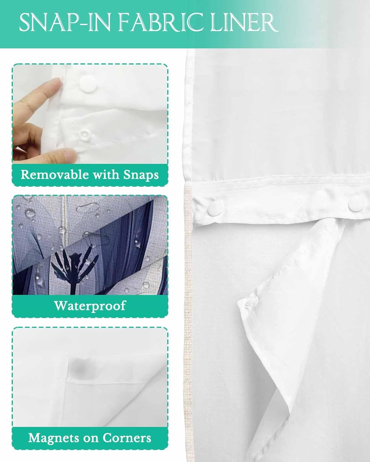 Watercolor Tulip Flower No Hook Shower Curtain with Snap in Liner Set,Farm Linen Green Leaf Plant Waterproof Fabric Shower Curtains with See Through Top Window for Bathroom,72Wx72L