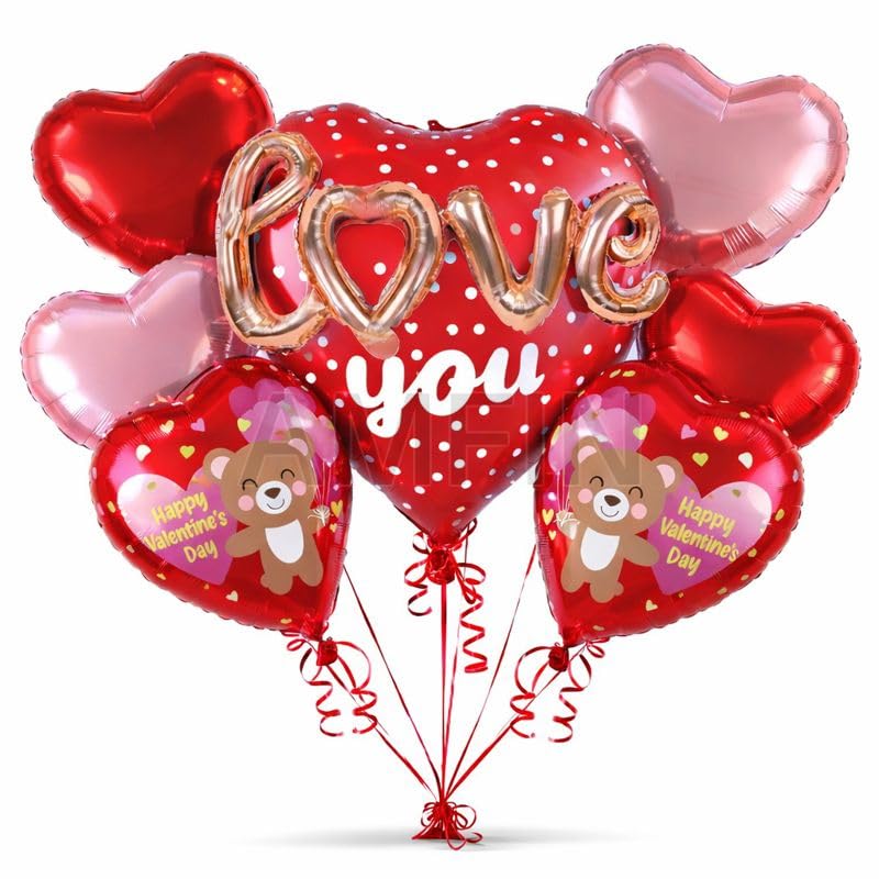 Image of AMFIN (Pack of 7) Happy Valentine's Day Foil Balloon Bouquet 3D Love you Heart Romantic Decoration Item - Red Pink