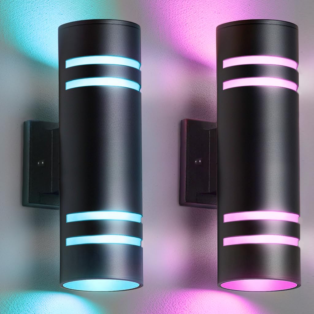 KIZONSmart Porch Lights 2 Pack, Up and Down Lighting Ambience Outdoor Wall Lights Color Changing, Cylinder RGB Outside Lights for House Garage Exterior Light Fixture, ETL Listed