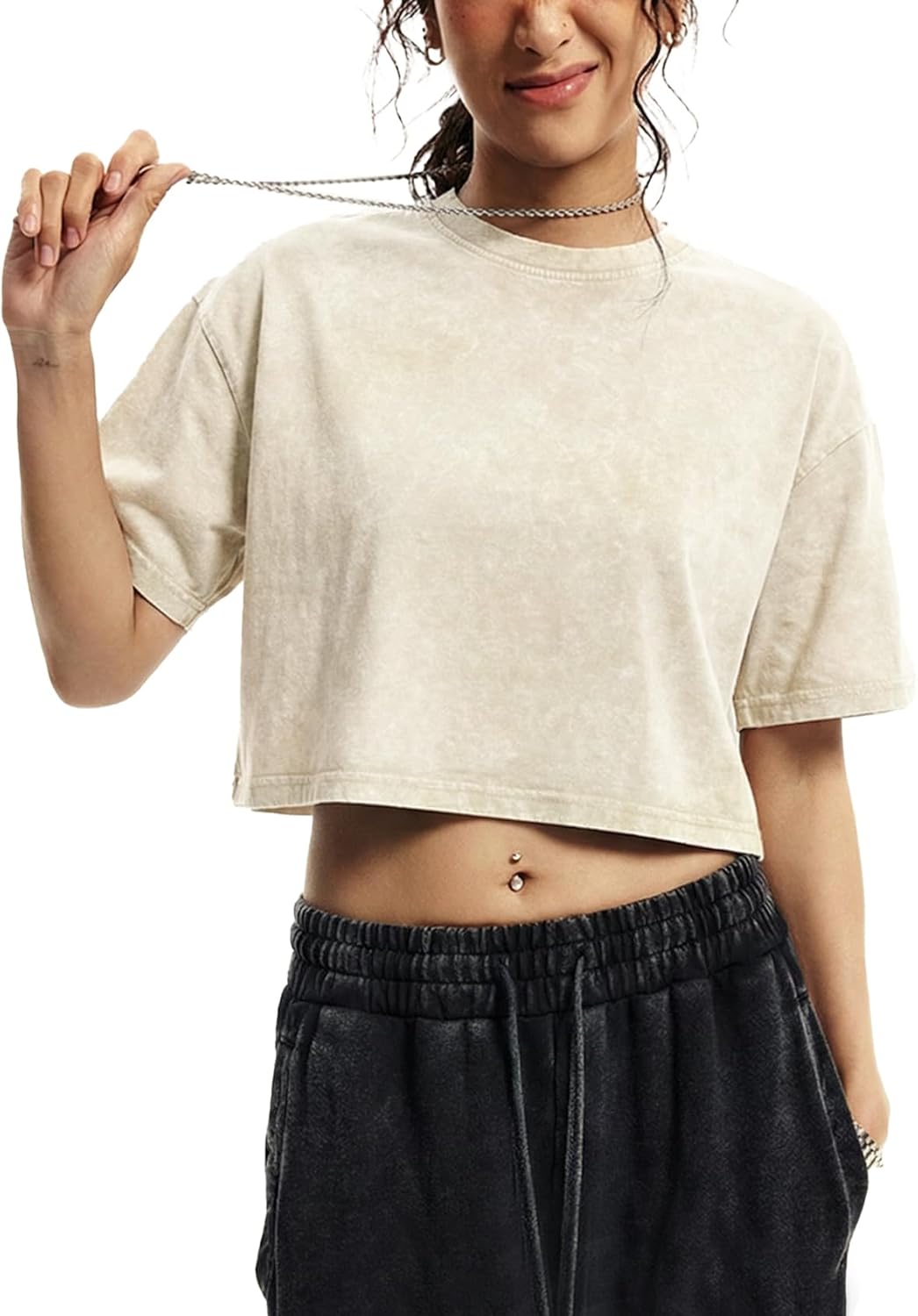 Yimoon Cropped T Shirts for Women Vintage Acid Wash Tees Short Sleeve Cotton Crop Top