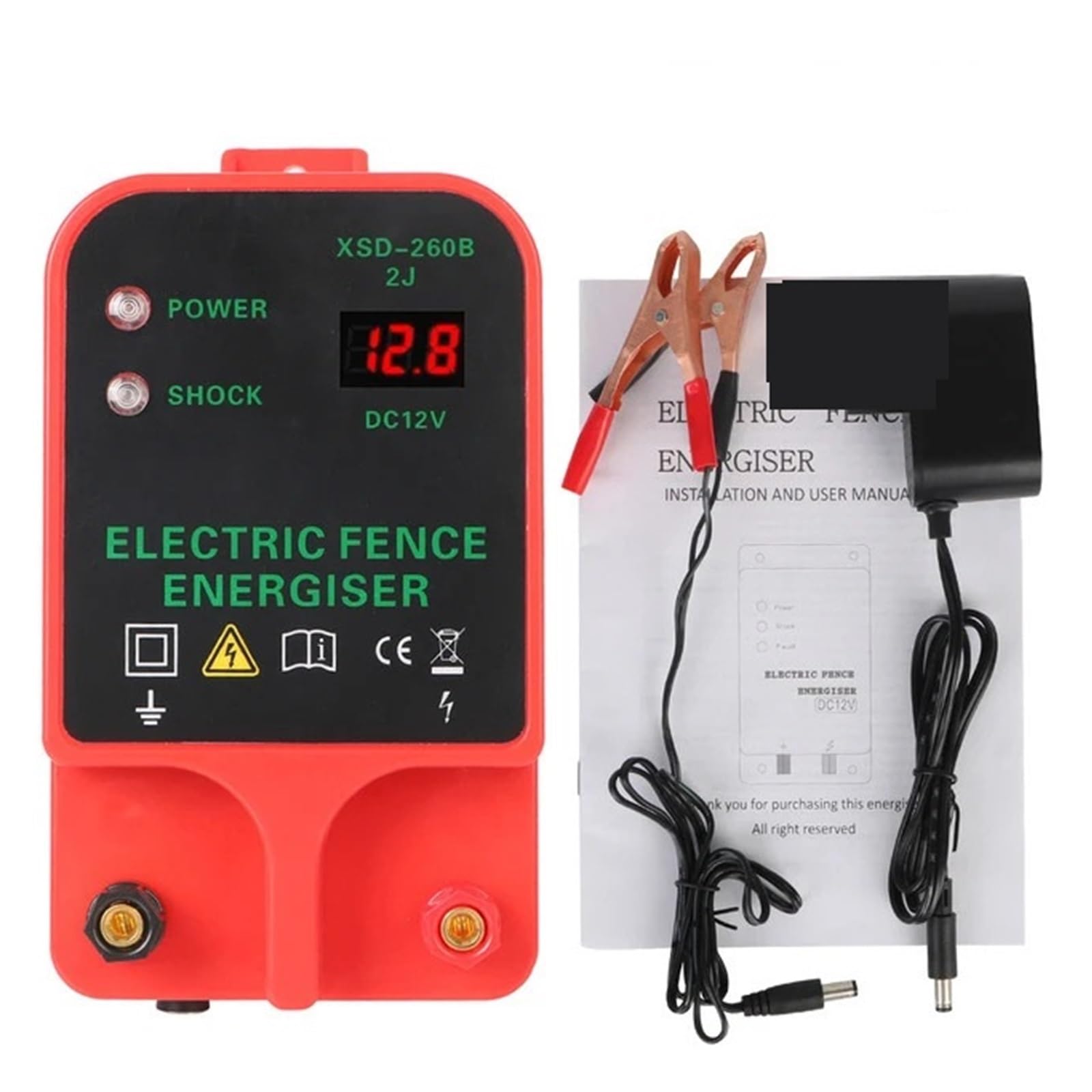 Pastor Electrico, Controlador solar for cercas de ganado Energizador de cercas eléctricas LCD Pantalla de voltaje LCD Alarma de alto decibel 10 km Resistente al agua(Rot)
