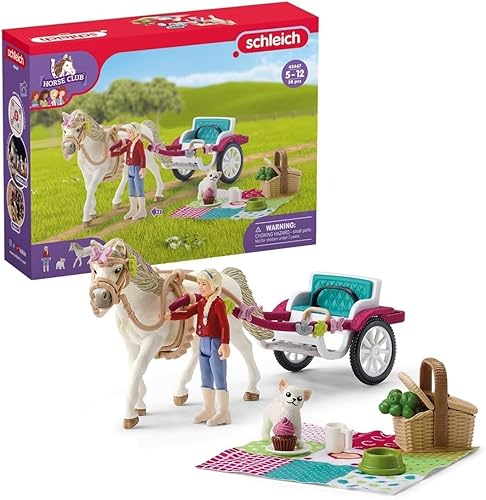 Schleich Horse Club - Juego de 32 piezas de picnic para caballos y carruajes, con pony, perro de juguete, figura de acción y más, juego interactivo