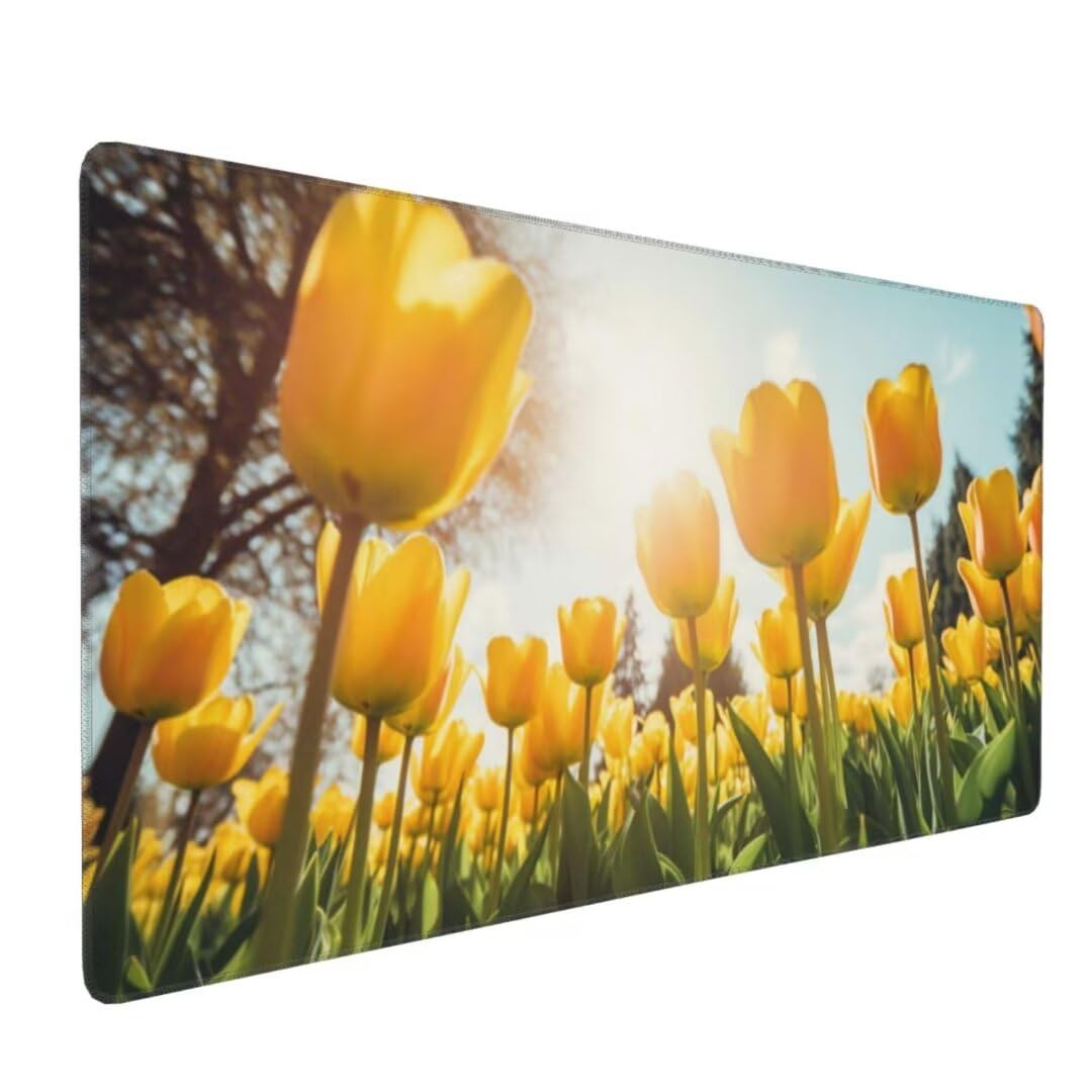 Żółta podkładka pod mysz 119 x 60 cm, wodoodporna i trwała tulipanowa podkładka pod mysz, bardzo duża podkładka pod mysz, podkładka na biurko, antypoślizgowa gumowa podstawa gamingowa podkładka pod