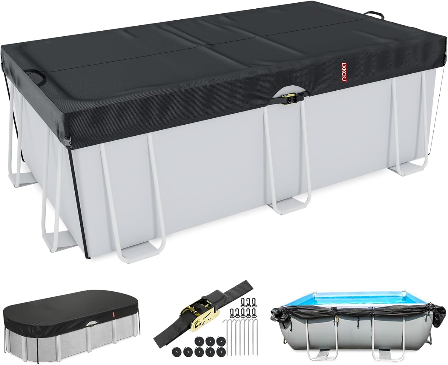 LXKCKJ 6x12 FT Rectangular Pool Cover for Above Ground Pool, Solar Oval Pool Cover Protection with Tensioner, Ideal for Rectangular/Oval Frame Pool Waterproof & UV-Resistant (Black) Rectangular Pool Cover 6' x 12' (Rectangular)