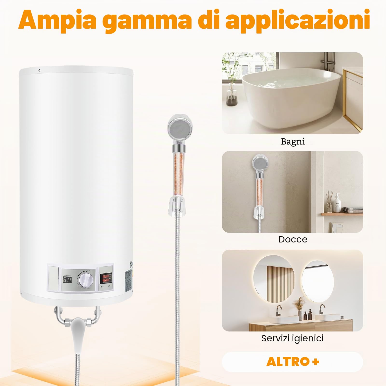 Scaldacqua elettrica istantanea da 50 l, scaldabagno elettrico da 2000 W, scaldabagno, 71 x 34 cm, con set doccia, 25 – 75 ℃, per cucine, WC, appartamenti