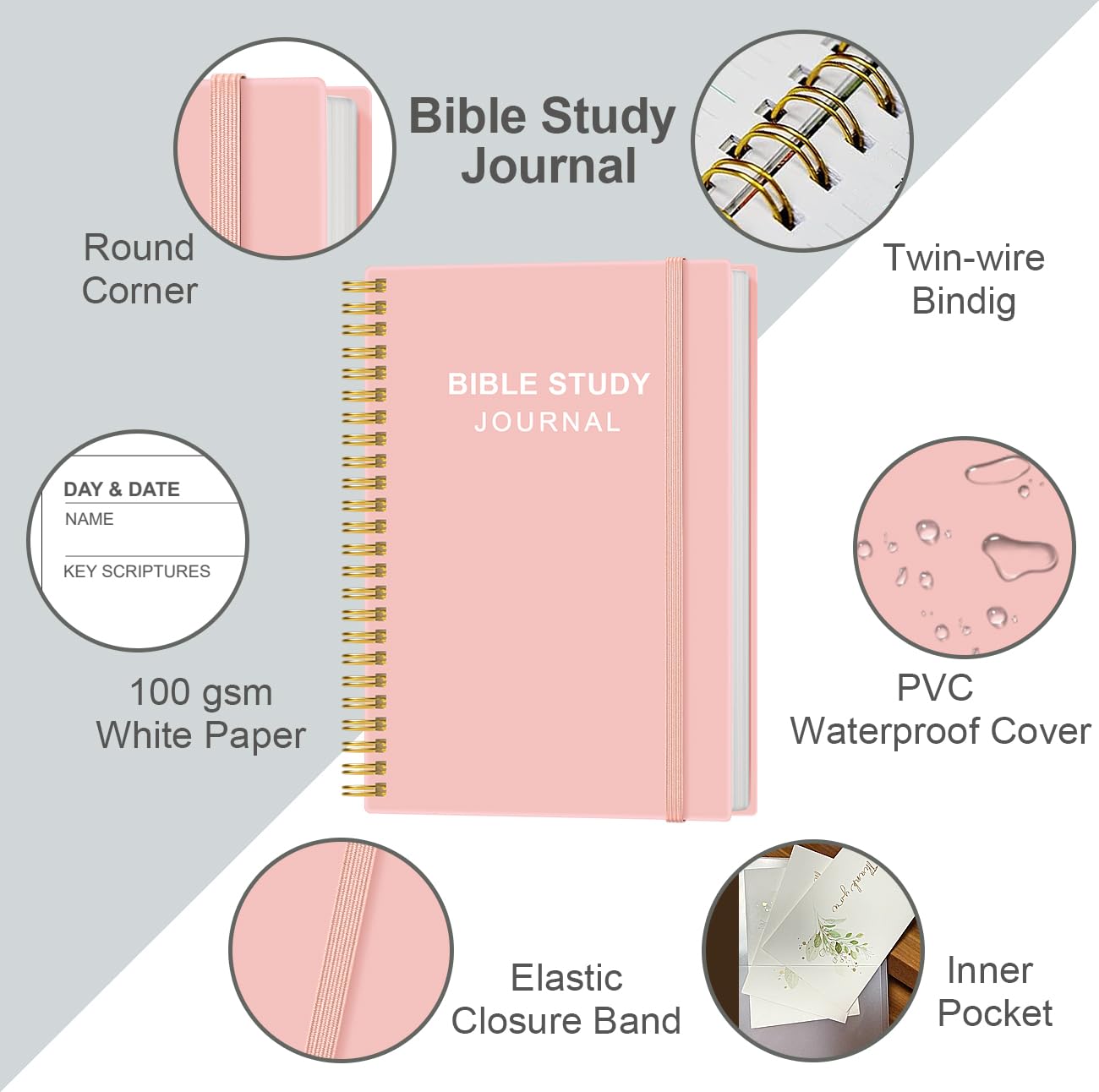 Bible Study Journal – Church Notes Notebooks – Note Taking & Journaling Kit, 5.8" x 8.5", Pink