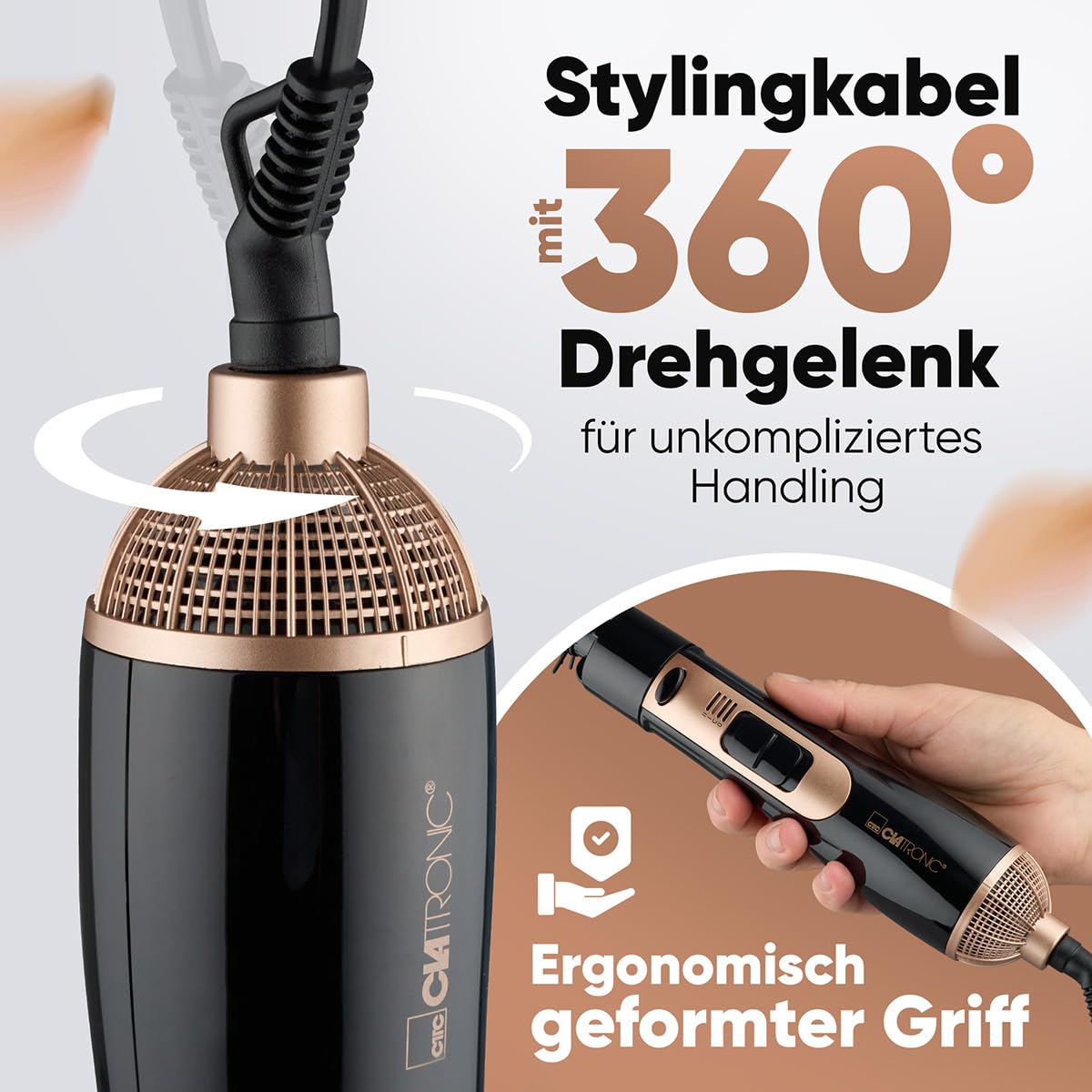 Clatronic® HAS 3818 szczotka na gorące powietrze, 3 końcówki, do wszystkich długości włosów, szczotka do suszarki do włosów z zimnym stopniem, 2 stopnie, okrągła suszarka do włosów, kabel 360°