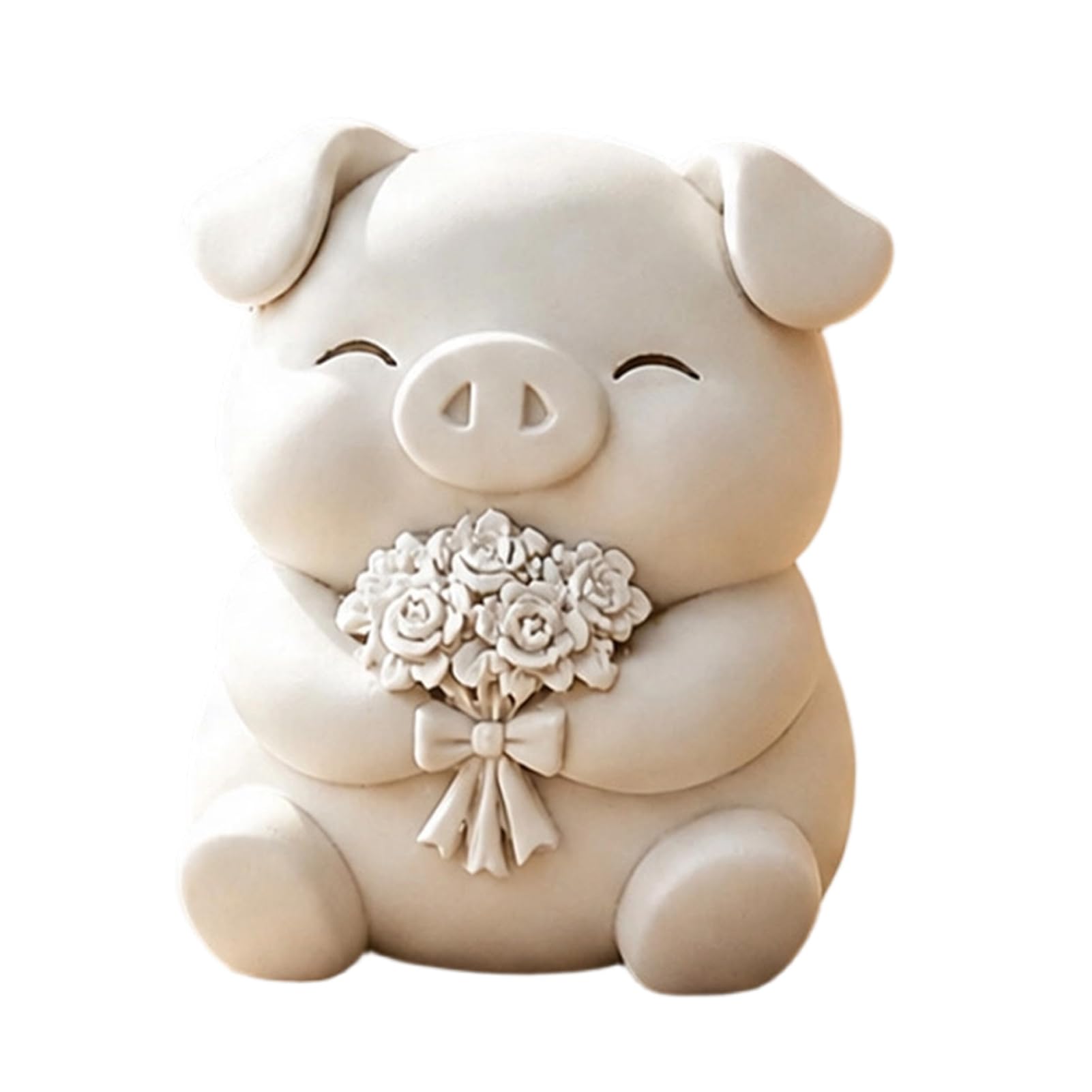 Glifora 3D Printed Cute Pig Bouquet Figurine - Matte White Animal Sculpture, Smooth Decor Ornament with Rose and Bow, Stable Statue for Desktop, Car, Entrance and Balcony