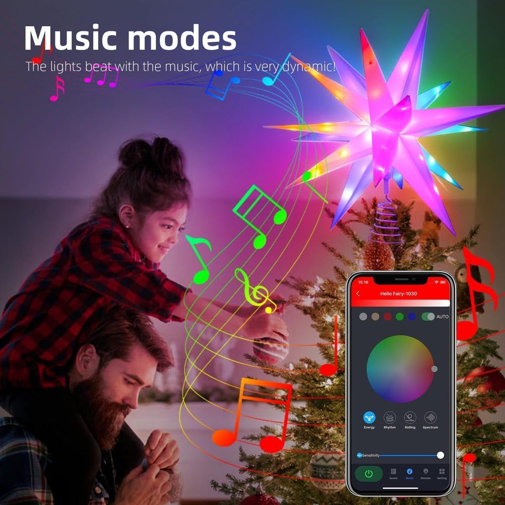 Smart Christmas Star Tree Topper, 3D Lighted Star Topper Christmas Tree Decoration, RGB Music Sync App Remote Control LED Star Tree Topper for Outdoor