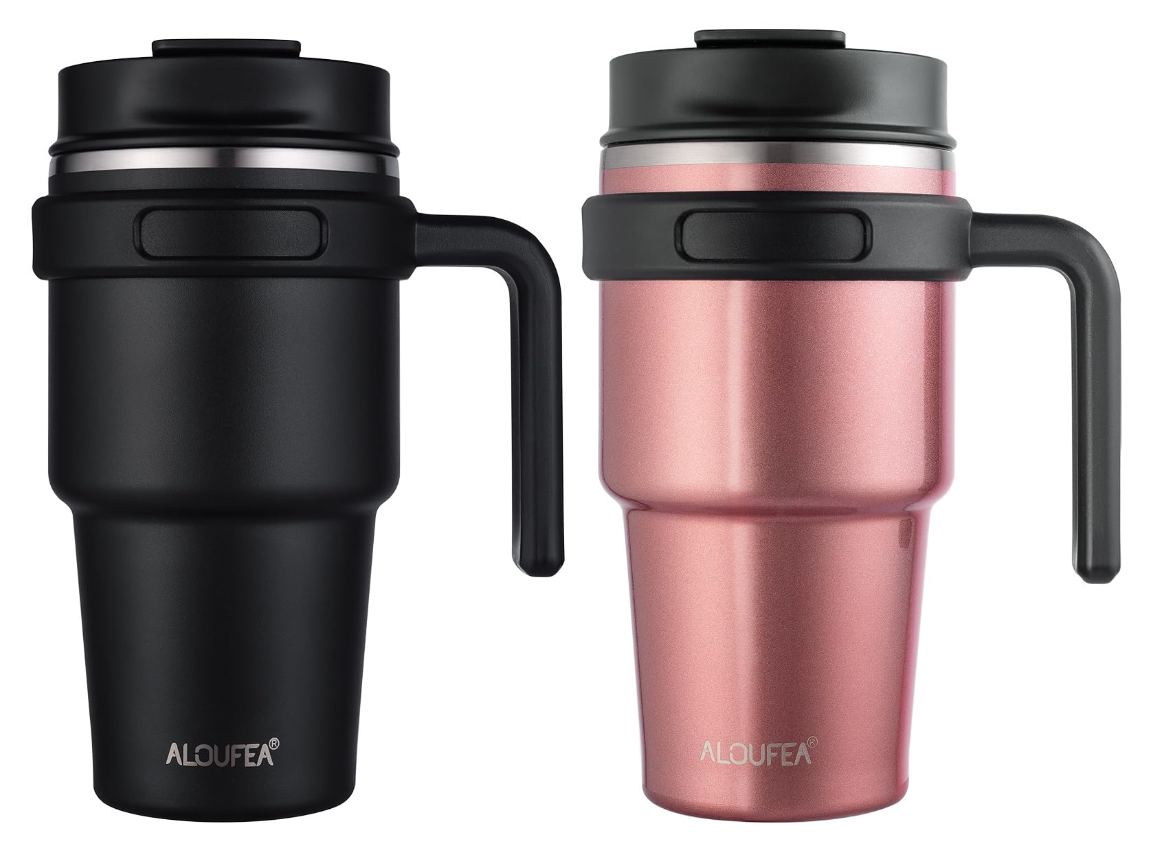 20 oz Insulated Coffee Mug Tumbler with Handle, Stainless Steel Travel Mug Tumbler with Lid and Straw,Double Wall Vacuum Leak Proof Ice Coffee Thermal Cup, Black/Rose Gold