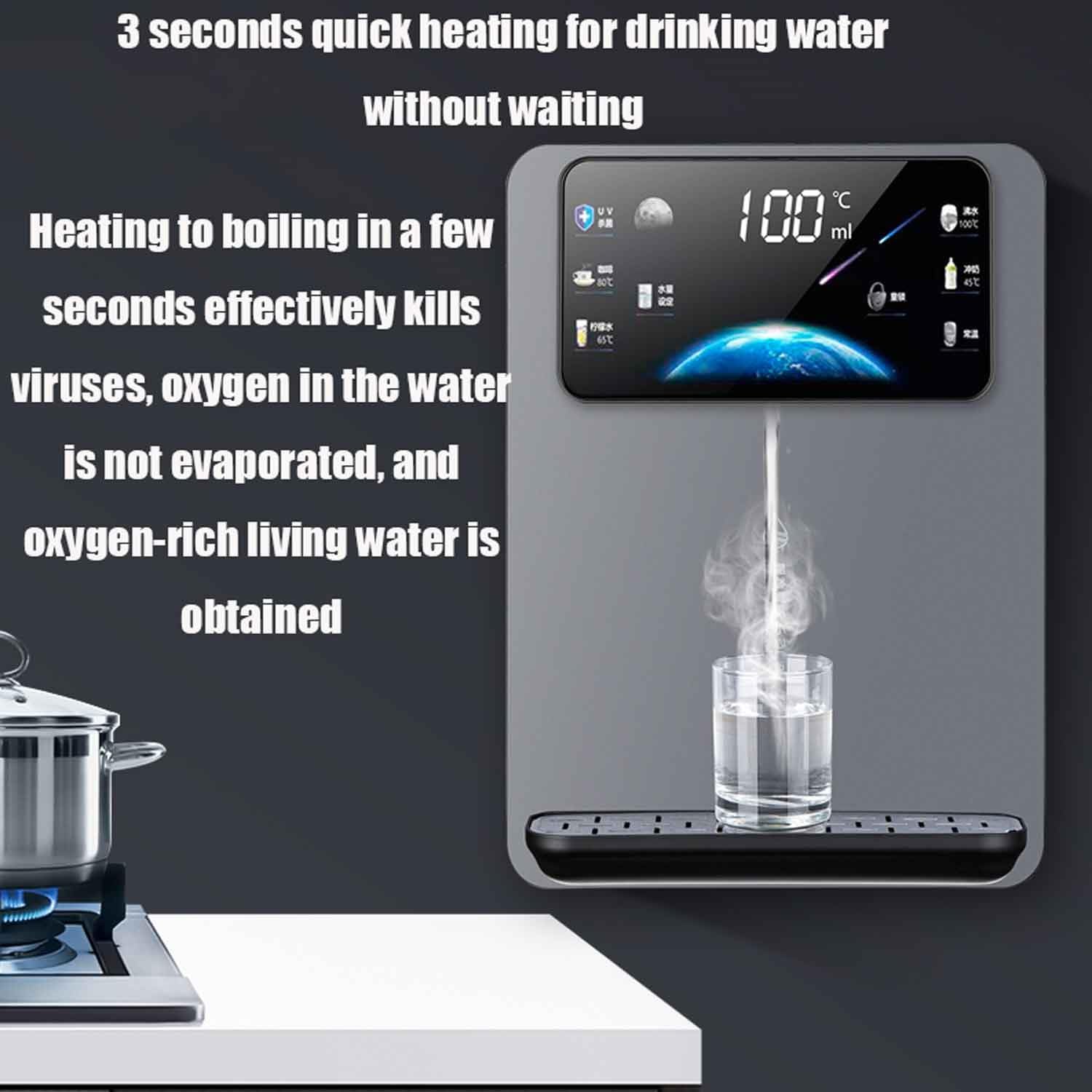 Dispenser d'acqua a parete con alimentazione a rete, riscaldamento efficiente da 2200 W, distributore di acqua calda, bollitore elettrico, riscaldamento rapido per 3 secondi, quattro livelli di volume
