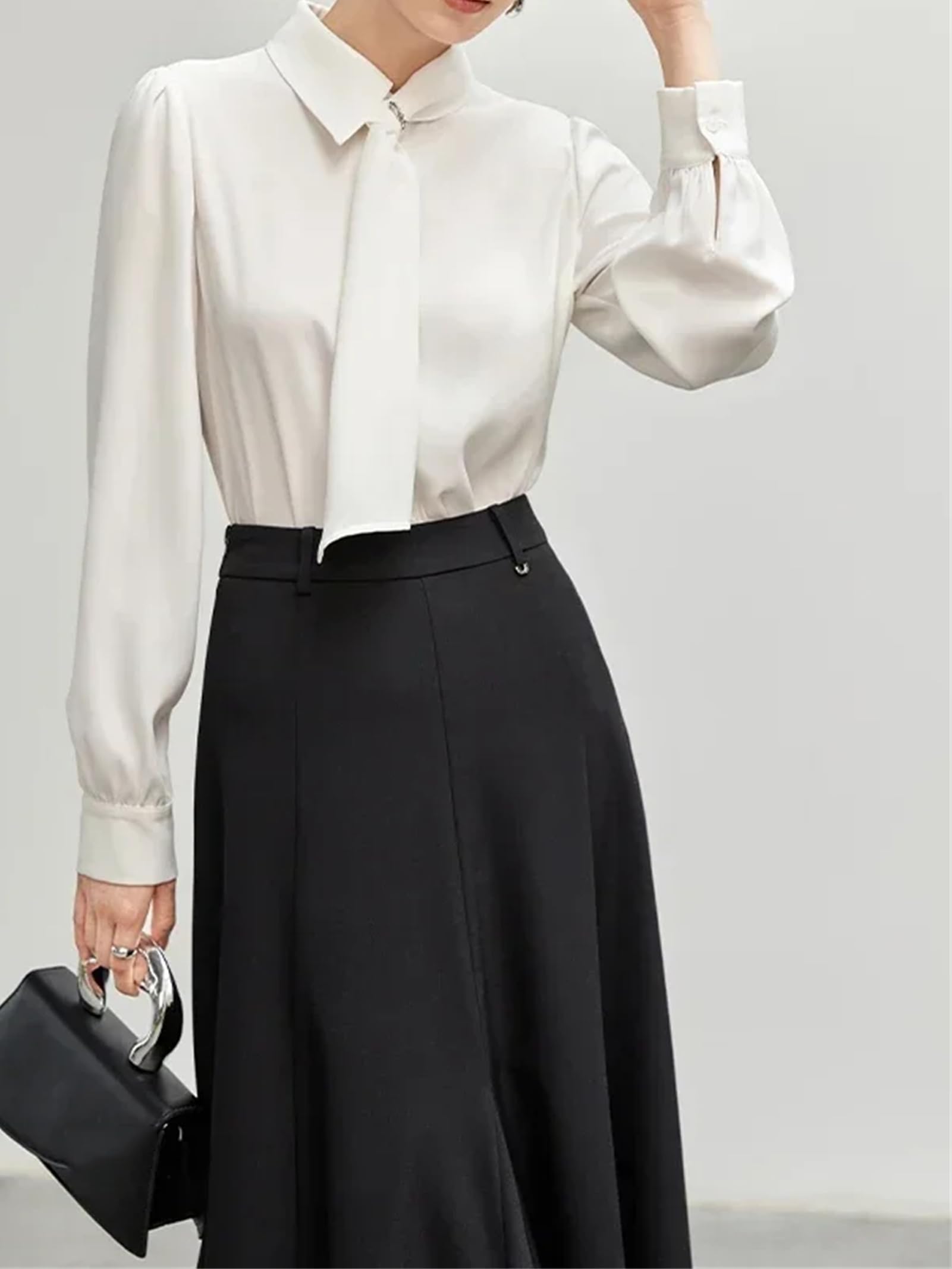 Blusa blanca de manga larga para mujer, informal, con solapa, color liso