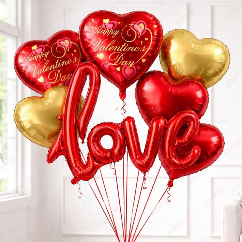 Image of AMFIN (Pack of 7) Happy Valentine Day Foil Balloon Bouquet Love Cursive Heart Romantic Decoration Item - Red Gold