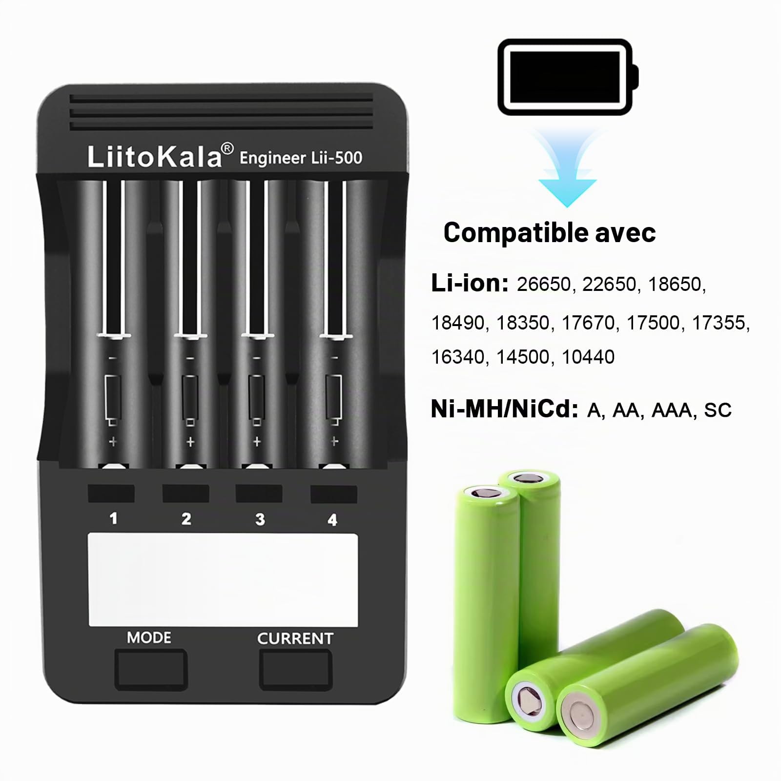 LiitoKala Lii-500 Chargeur de Batterie avec écran LCD, Sortie USB 5V Mobile, pour 26650 18650 14550 Li-Lion(4.2V) AA AAA Ni-MH(1.48V), Adaptateur d'alimentation 12V2A Dédié, 4 Emplacements