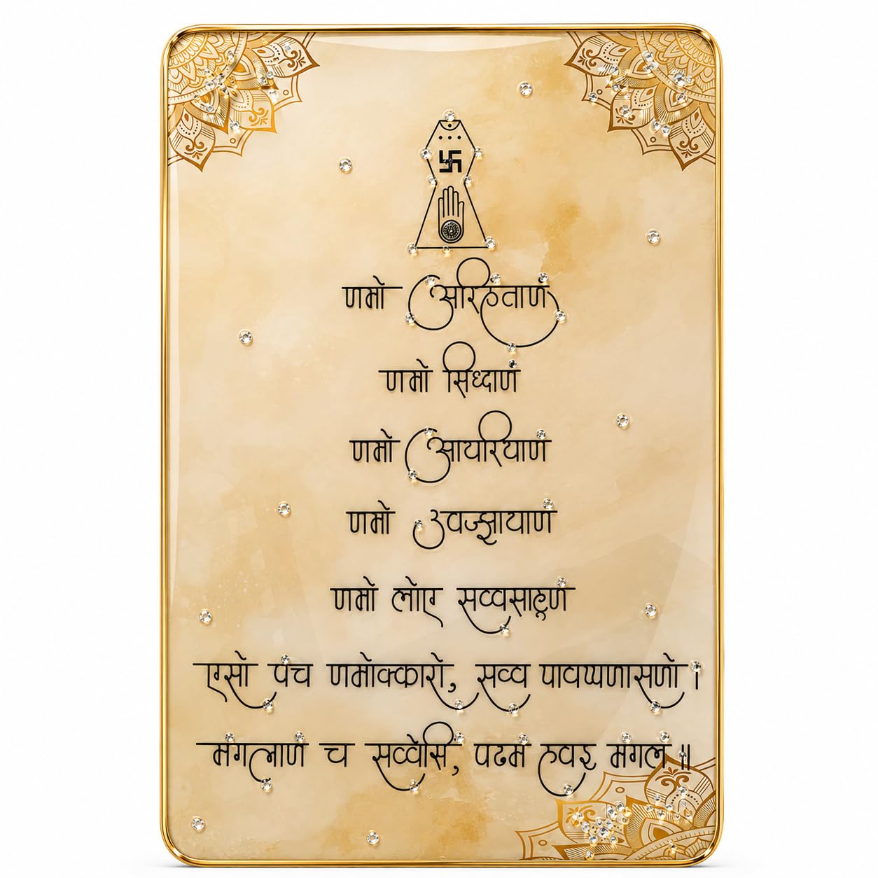 TATVA STUDIO Jain Namokar Mantra Photo Frame for Home Temple & Pooja Room | Crystal Embedded 8mm MDF Plaque with Epoxy Resin High Gloss Finish & Premium Golden Frame | Jain Navkar Religious Gift (Temple Gold, 12*18 In, Standard MDF)-image-5
