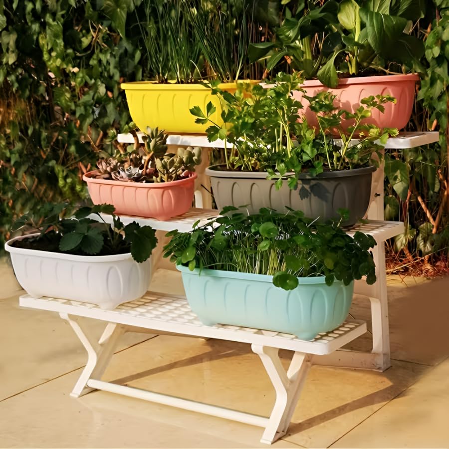Image of Plastic Rectangle Round Corner Flower Pots with Drainage Hole Saucers Durable Outdoor Indoor Planters with Tray Plant Containers for Balcony, Garden, Home & Office (Set of 5 Multi)