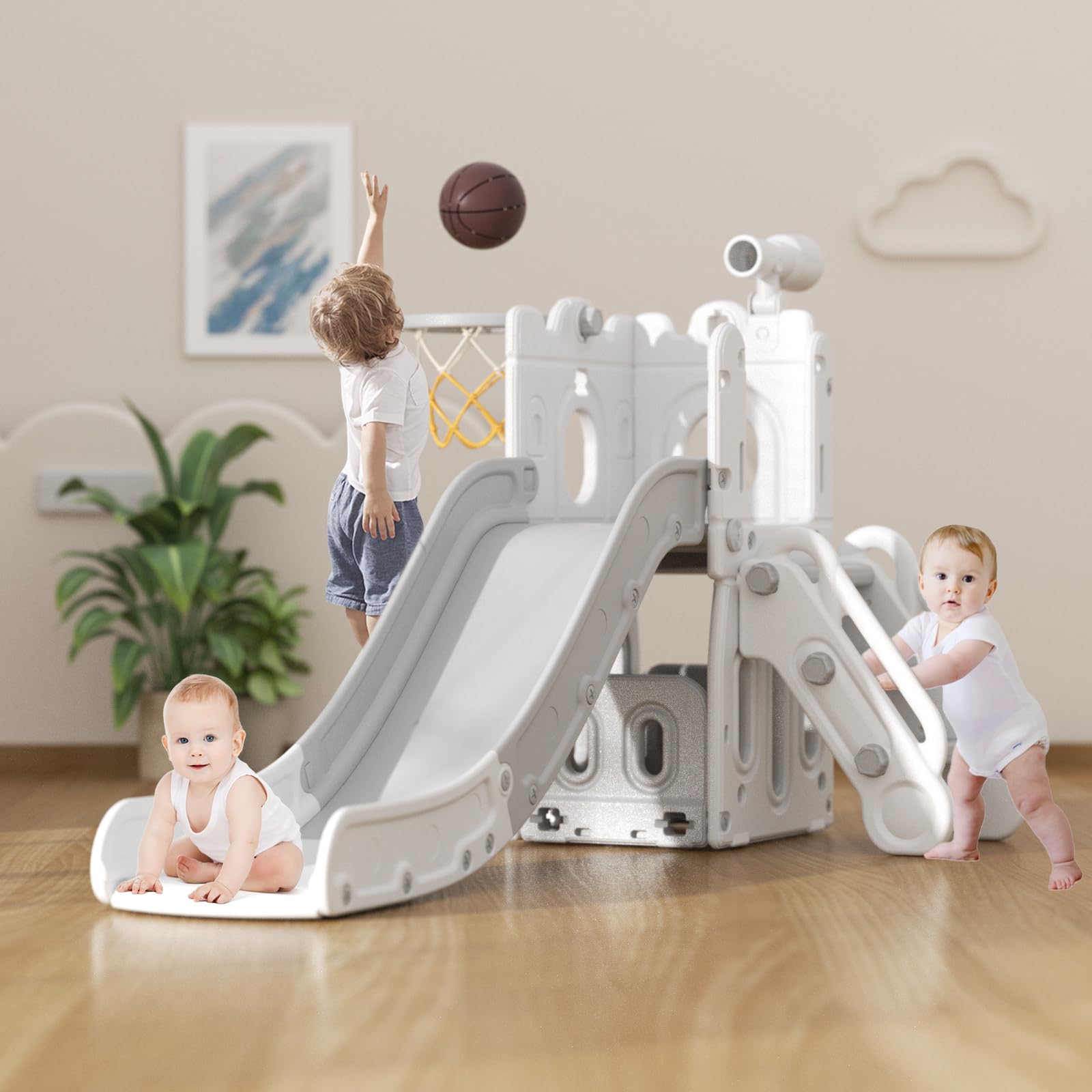 XJD 5 in 1 Kids Slide with Basketball Hoop Toddler Climber Slide Playset with Storage Space and Telescope Playground Slipping Slide Indoor Outdoor Exercise Toy for Toddlers 18-48 Months (White-Grey)