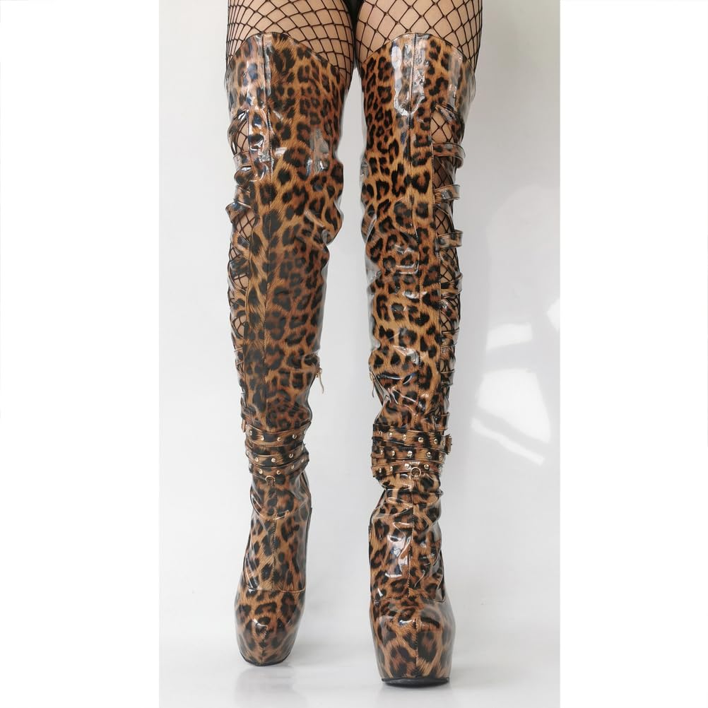 Cuissardes pour Femmes. Bottes Hautes à Talons Aiguilles et imprimé léopard au-Dessus du Genou. pour Les Spectacles de Strip-teaseuses, de travestis et de fêtes