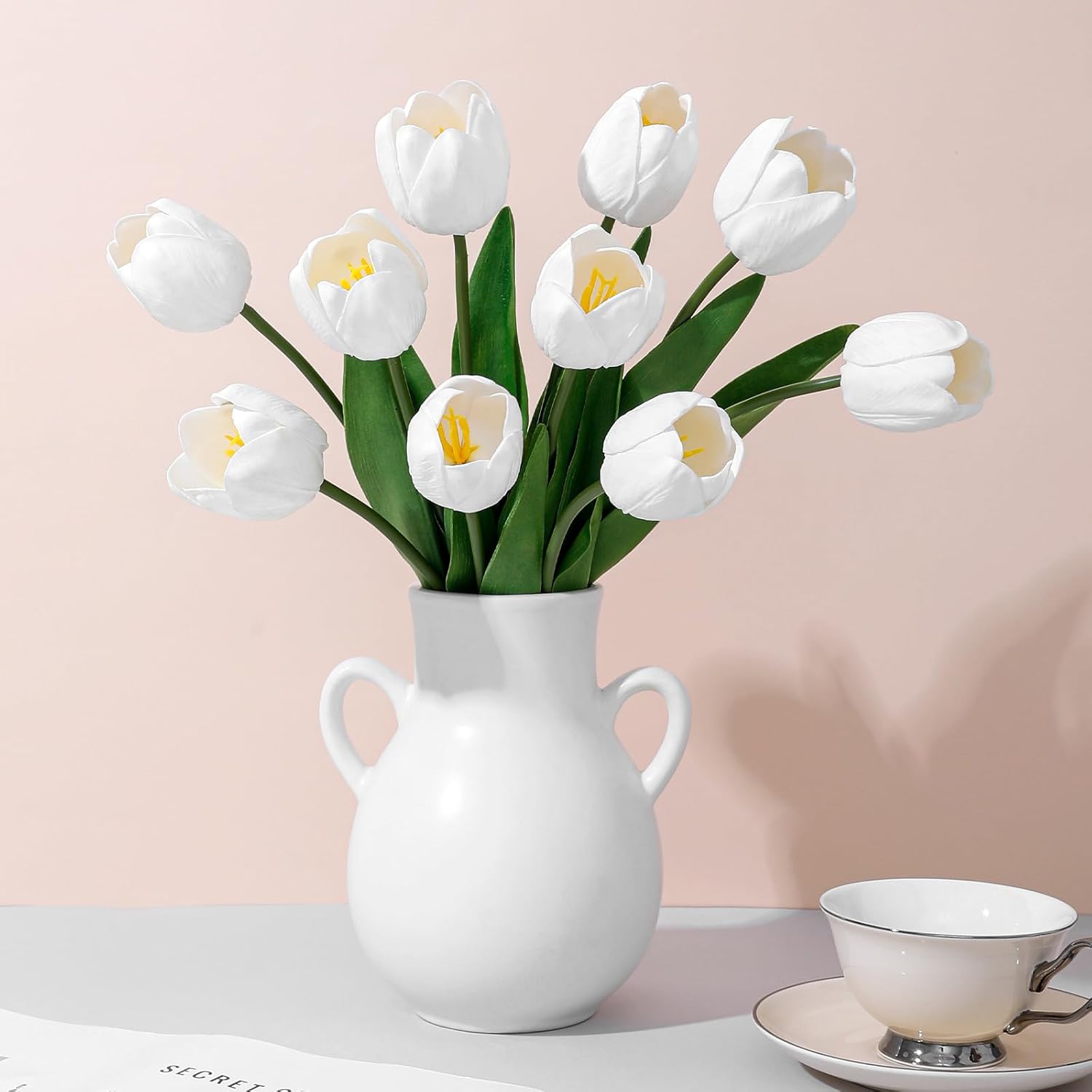White Fake Tulips,18.5" PU Artificial Tulips Flowers for Spring Easter Home Kitchen Wedding Bouquet Bulk Mother's Gift Day Decorations