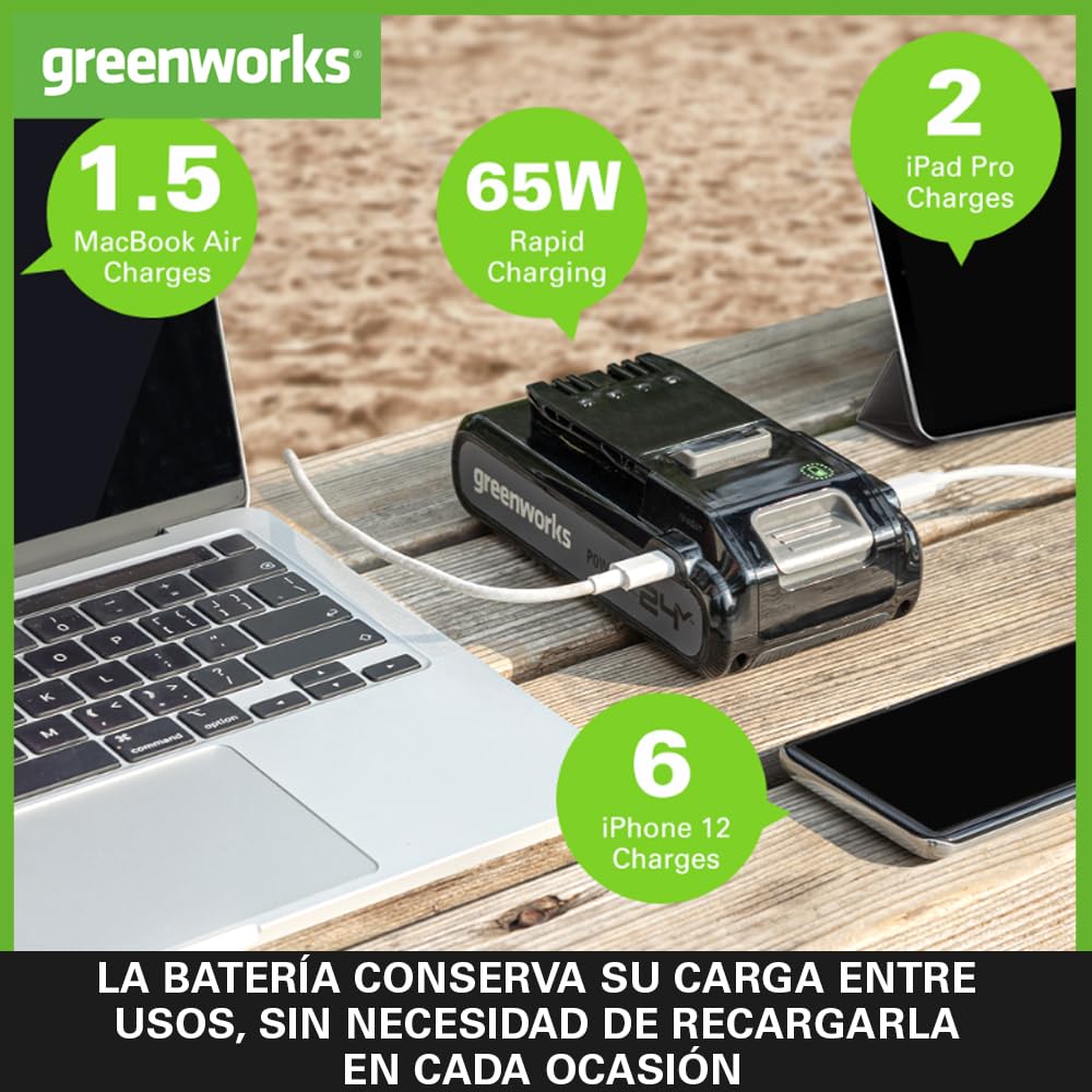 Greenworks Batería de 24 V y banco de energía tipo C. Batería original para todas las herramientas inalámbricas de jardín y eléctricas de 24 V. Potente batería de iones de litio, carga rápida