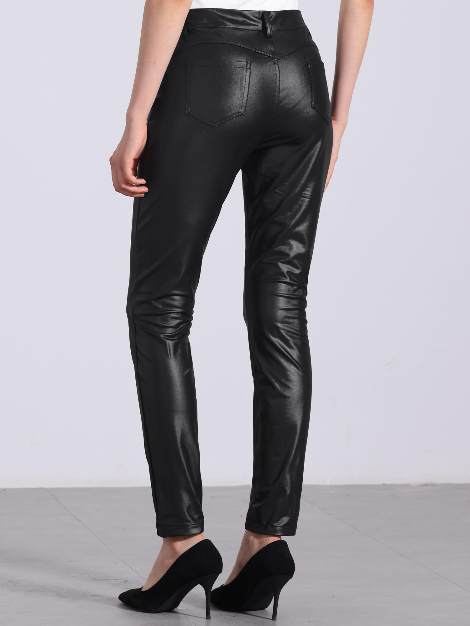Allegra K Pantalon en Similicuir Femme Taille Haute Extensible Coupe Slim Legging Pantalons en PU Moto