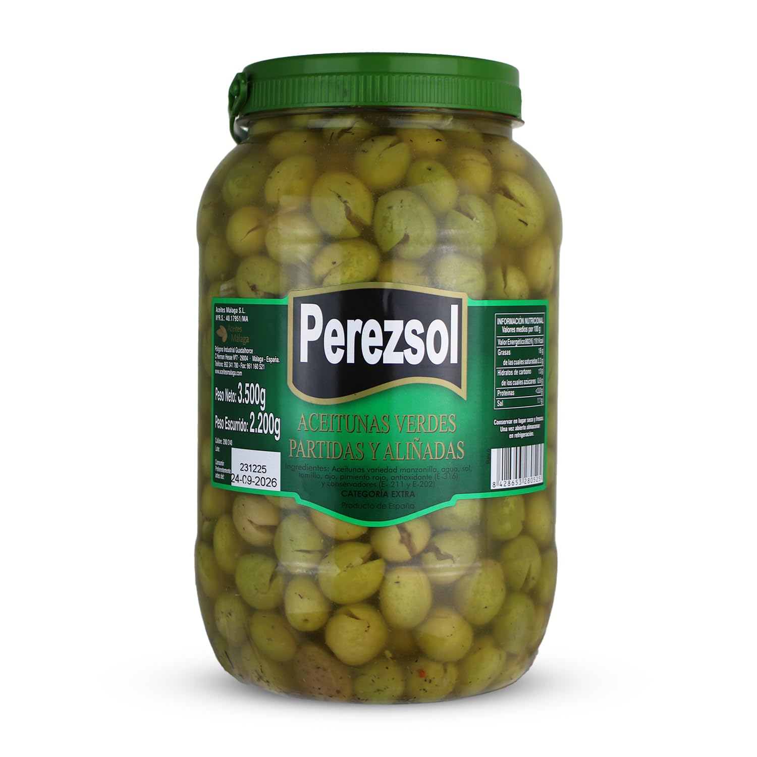 Aceitunas Manzanilla Partidas Extra Perezsol Bote 3 kg (2,2 kg Escurrido) Aperitivo Español