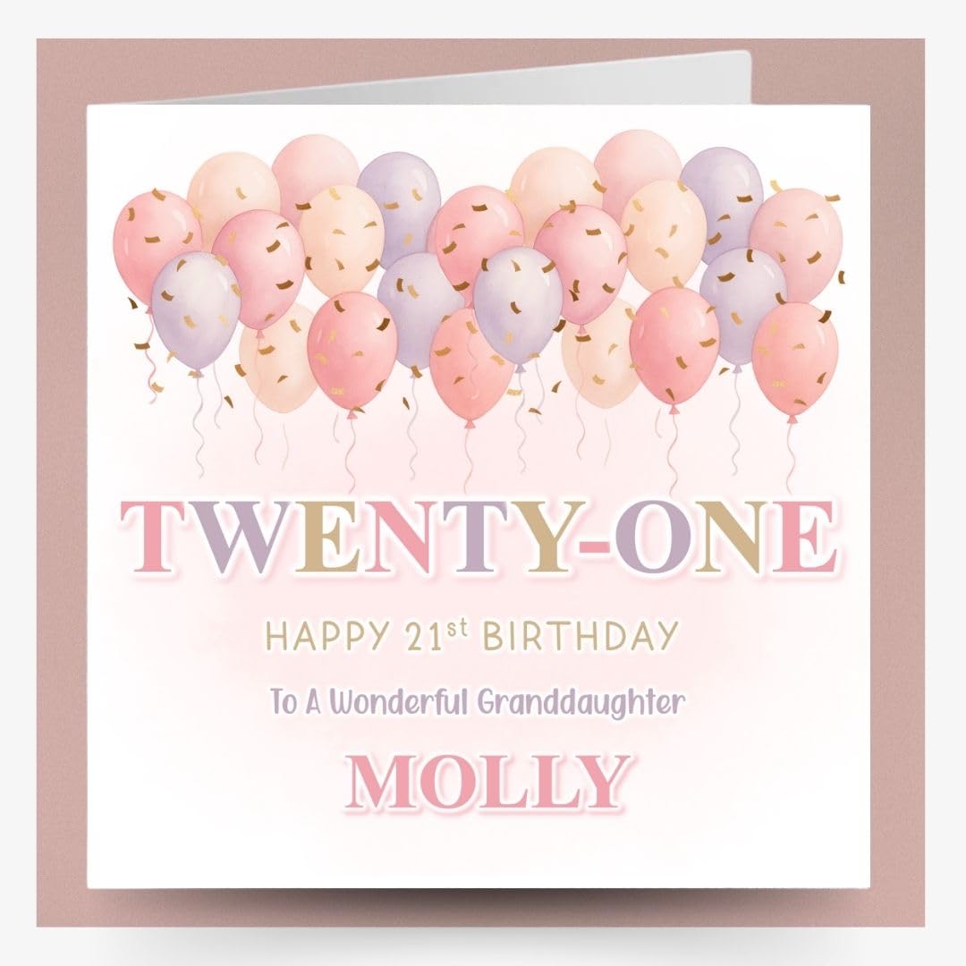 All Things Personal, 21st Birthday Card for Her Personalised Pink Design for Daughter Sister Niece Granddaughter or Goddaughter Optional Matching Badge & Money Wallet Set (Large Card Only)