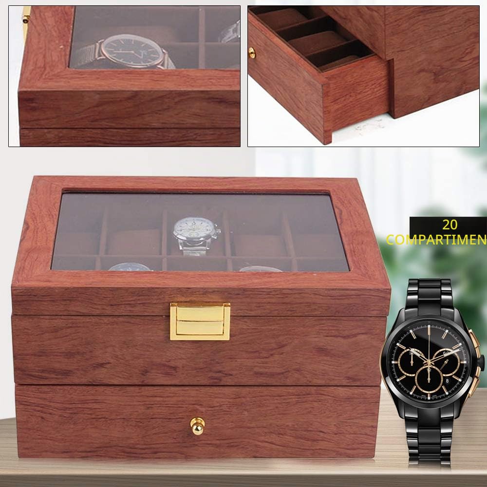 Caja Relojes, Caja de Relojes Hombre con 20 Ranuras, Estuche de Relojes de Madera de 2 Niveles con Tapa de Cristal, Forro de Terciopelo, Regalo de Hombres Amante Relojes Queridos