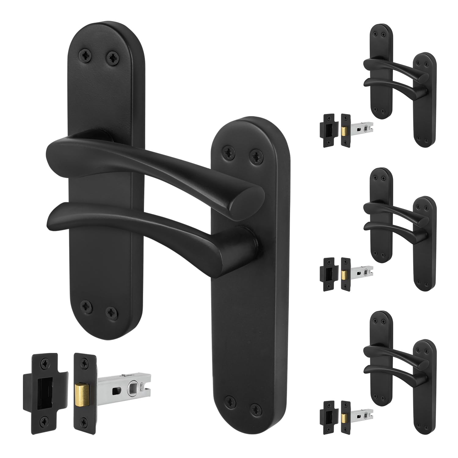 EAI Black Door Handle Latch Set, 4 Pairs of Matt Black Internal Lever T-Bar Handles Backplate Latches 64mm - Novoli โ image 1