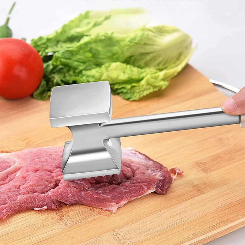 Duse4 Meat Tenderizer Dual Hammer Function Pounder Tool with Textured Side and Flat Side For Tenderizing Steak Beef Poultry 10.8'' Length, Black and Silver