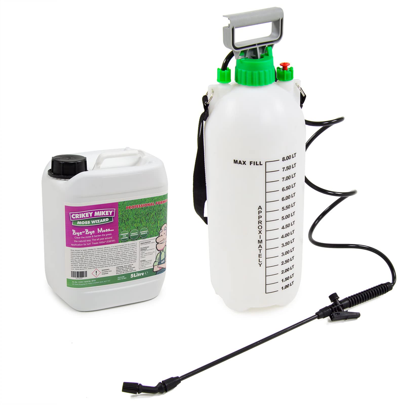 Crikey MikeyMoss Wizard (5L) Organic Moss Control Lawn Fertiliser Feed Liquid Tonic Concentrate Moss Treatment Suppresser + 8L Sprayer