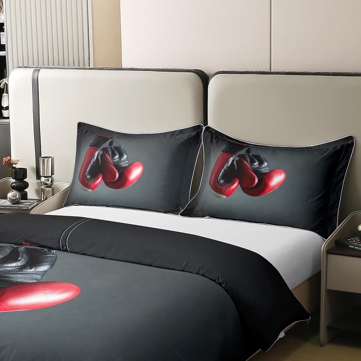 Homewish Natural Cotton Boxing Duvet Cover,Sports Theme Bedding Set for Boys Men,Red Boxing Gloves Pattern Comforter Cover Single,Pugilism Games Bed Sets with 1 Pillowcase Breathable - Image 4