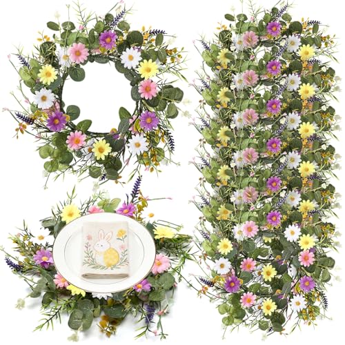 Gandeer Spring Placemats Set of 6 Artificial Greenery Place Mats Circular Summer Wreath with Daisy Lavender Flowers Eucalyptus Leaves for Wedding Kitchen Dining Table Front Door Porch Wall Decor