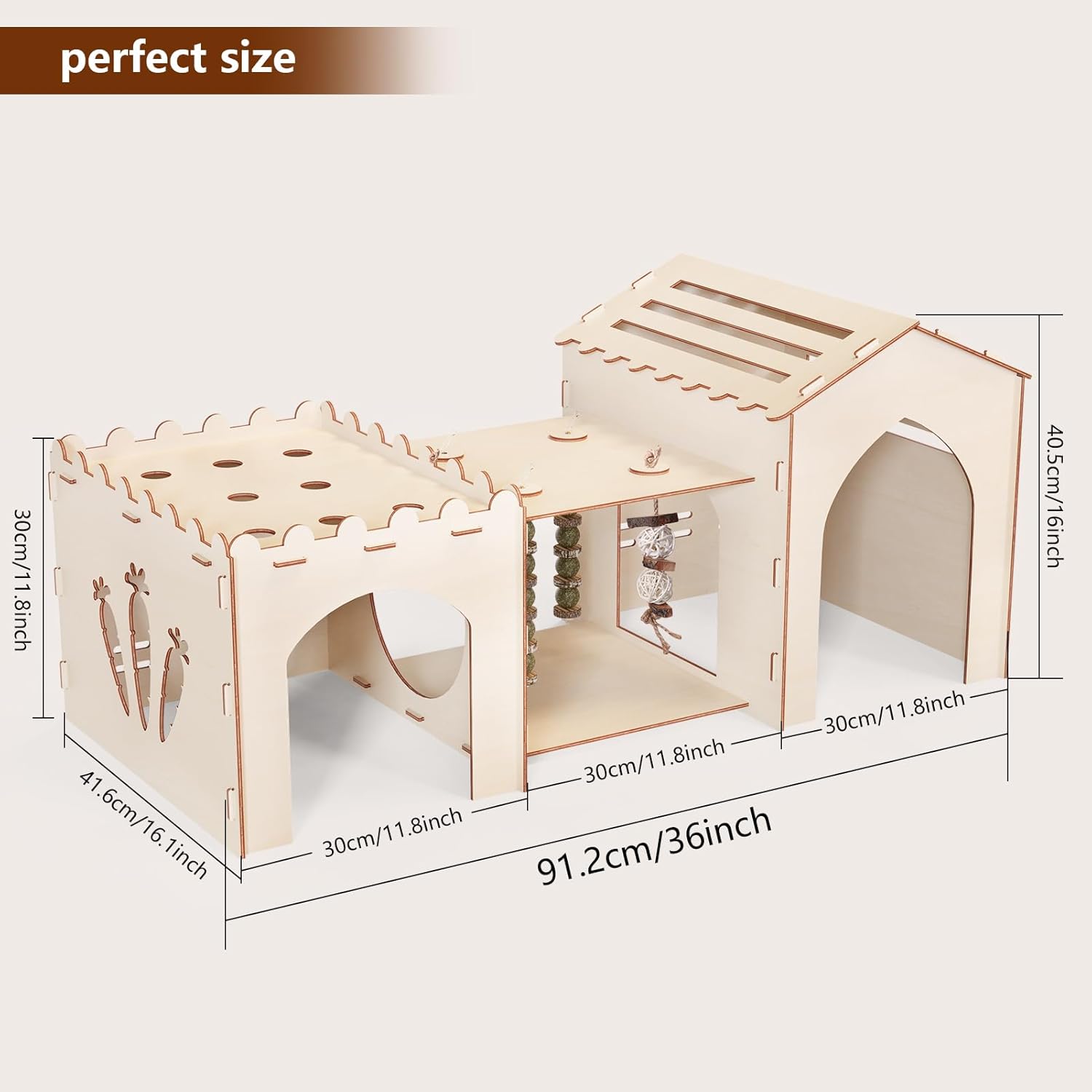 Woiworco Extra Large Rabbit Castle Hideout Bunny House for Easter Day with 3 Houses and Toys, Wooden Bunny Hideout Indoor Large Rabbit Hutch Play Houses and Hideouts Nut Castle Hamsters