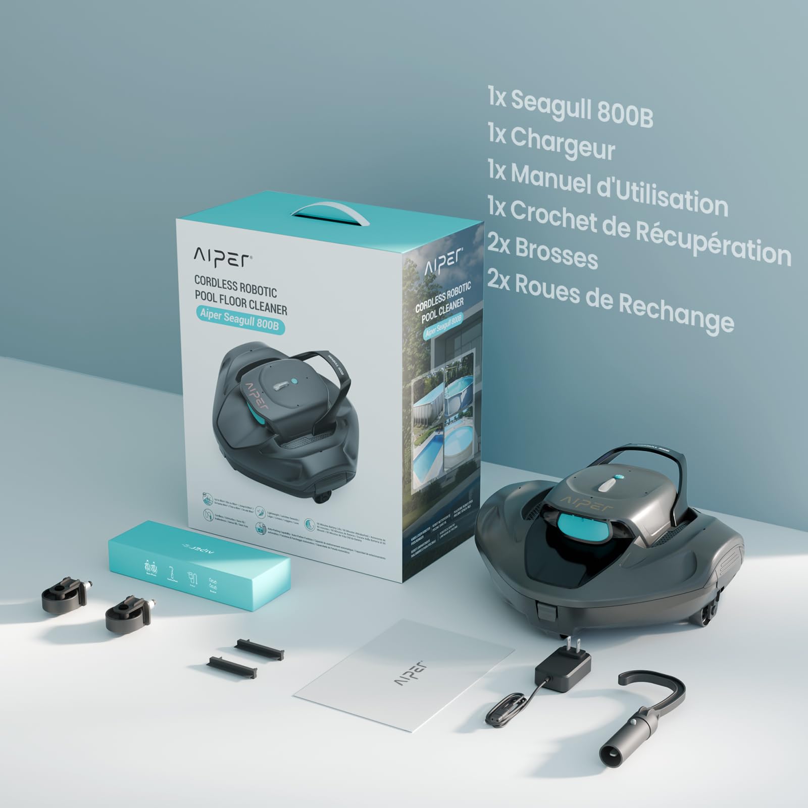 AIPER Seagull 800B Robot Piscine sans Fil, Aspirateur Piscine, 90 Min d’Autonomie, Stationnement Automatique, Forte Aspiration, Affichage LED, pour Piscines Hors-Sol Jusqu’à 80 m²