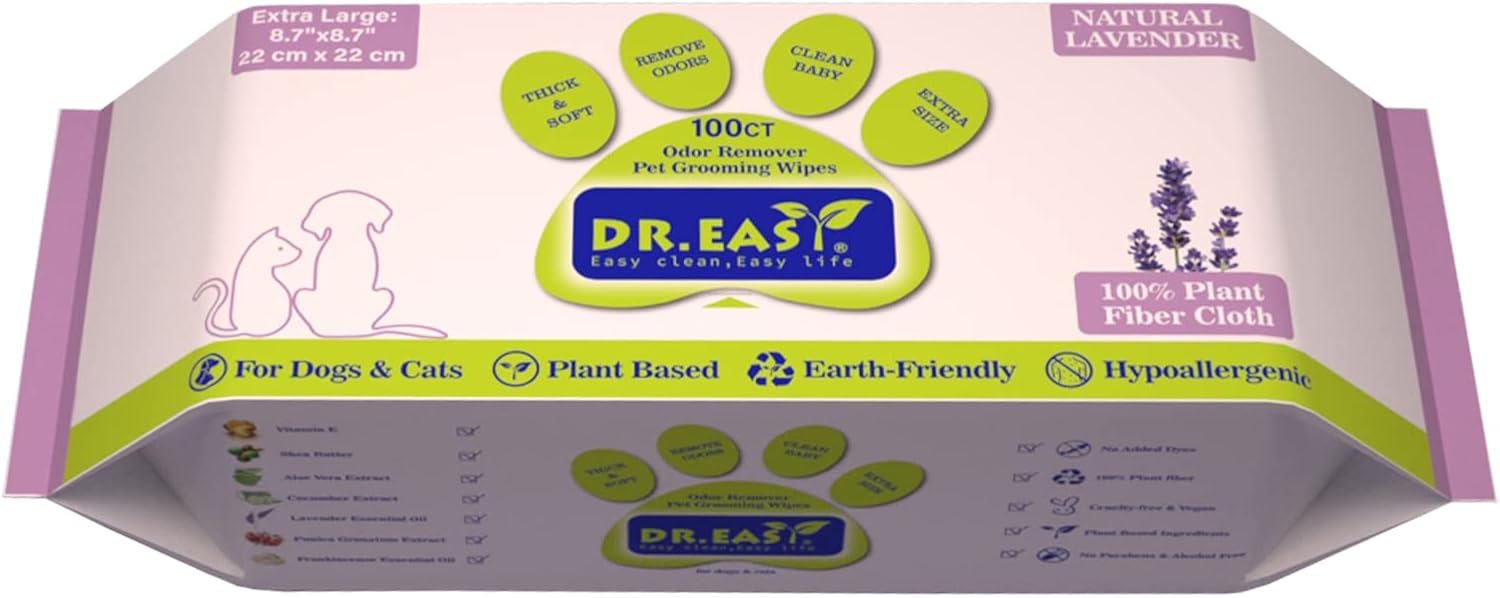 DR.EASY Odor Remover Pet Grooming Wipes 100Ct Lavender Plant Based Ingredients for Paws,Body,Nose &Bum Cleaning,Remove Dirt,Dander & Excess Hair with Soft and Thick Wipes,No Artificial Fragrance