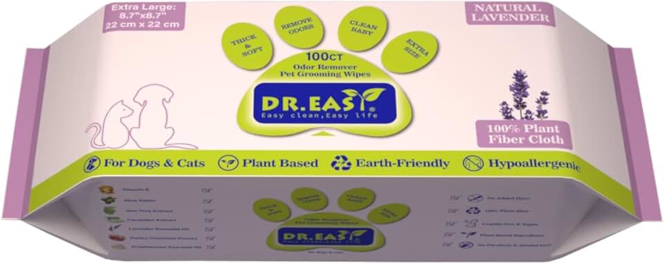 DR.EASY Odor Remover Pet Grooming Wipes 100Ct Lavender Plant Based Ingredients for Paws,Body,Nose &Bum Cleaning,Remove Dirt,Dander