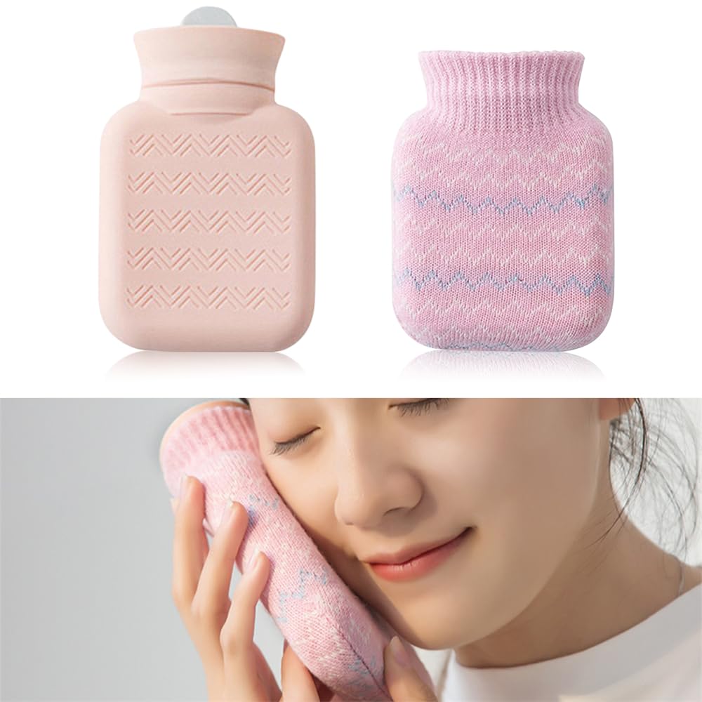 Hot Water Bottle with Soft Cover, 300ml Hot Water Bottle with Knited Cover, Mini Hot Water Bag, Hot Water Bag for Menstrual Cramps, Neck and Shoulder Pain Relief, Hot and Cold