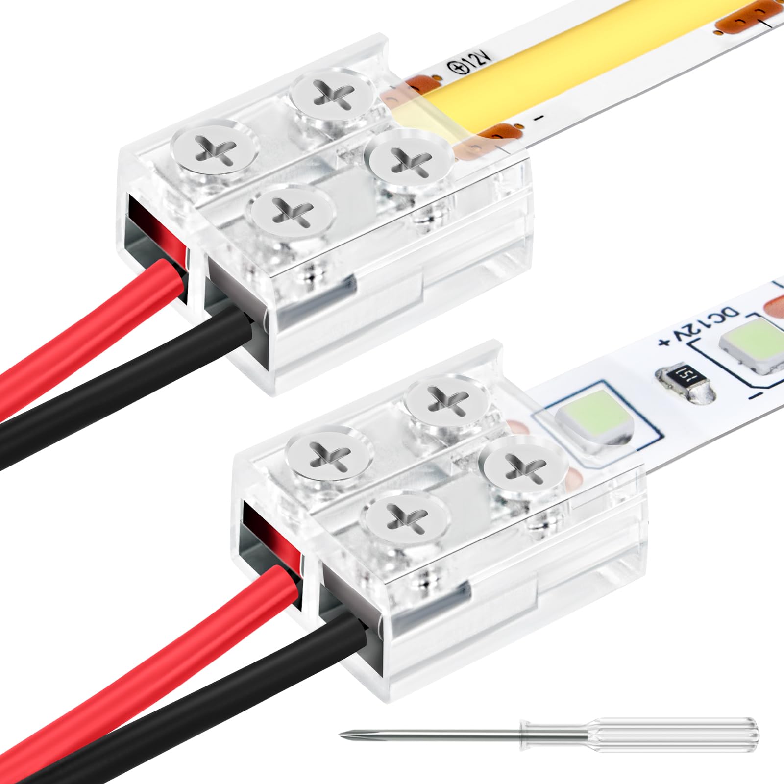 SVIANG LED Connector 2 Pin 10mm 12 Pack Solderless Transparent LED Strip Light Connectors and 5 * 15cm 20AWG Extension Cable, LED Tape Lights