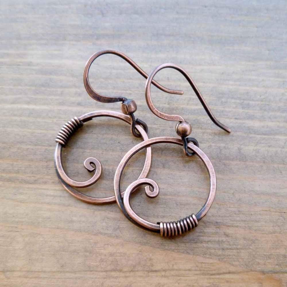 Pillar of Salt Studio Handcrafted Solid Copper Earrings Wire Wrapped Hoops (Antiqued Copper, Small, 5/8" drop)