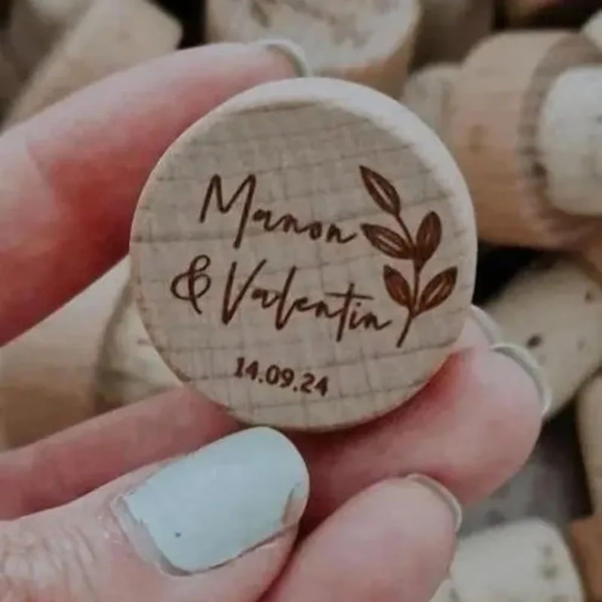 Tapón de vino de madera personalizado, decoración de boda, fiesta, decoración personalizada de corcho para botellas, decoración de boda (50 unidades)