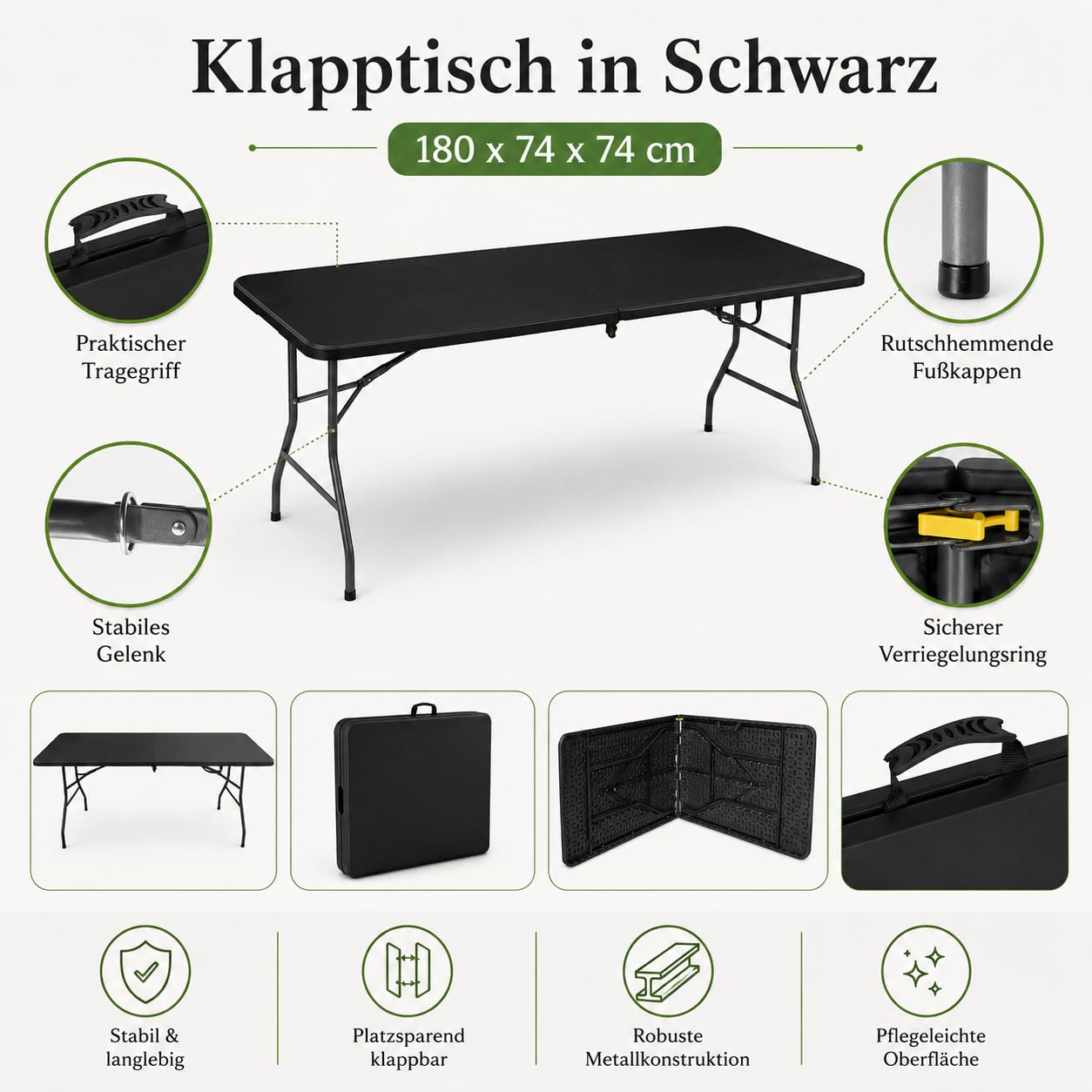 Arttribute Klapptisch 180x74x74 cm, Gartentisch klappbar, Schwarz | Schnell einsatzbereit, leicht zu transportieren, ideal für Buffet, Party und Veranstaltungen