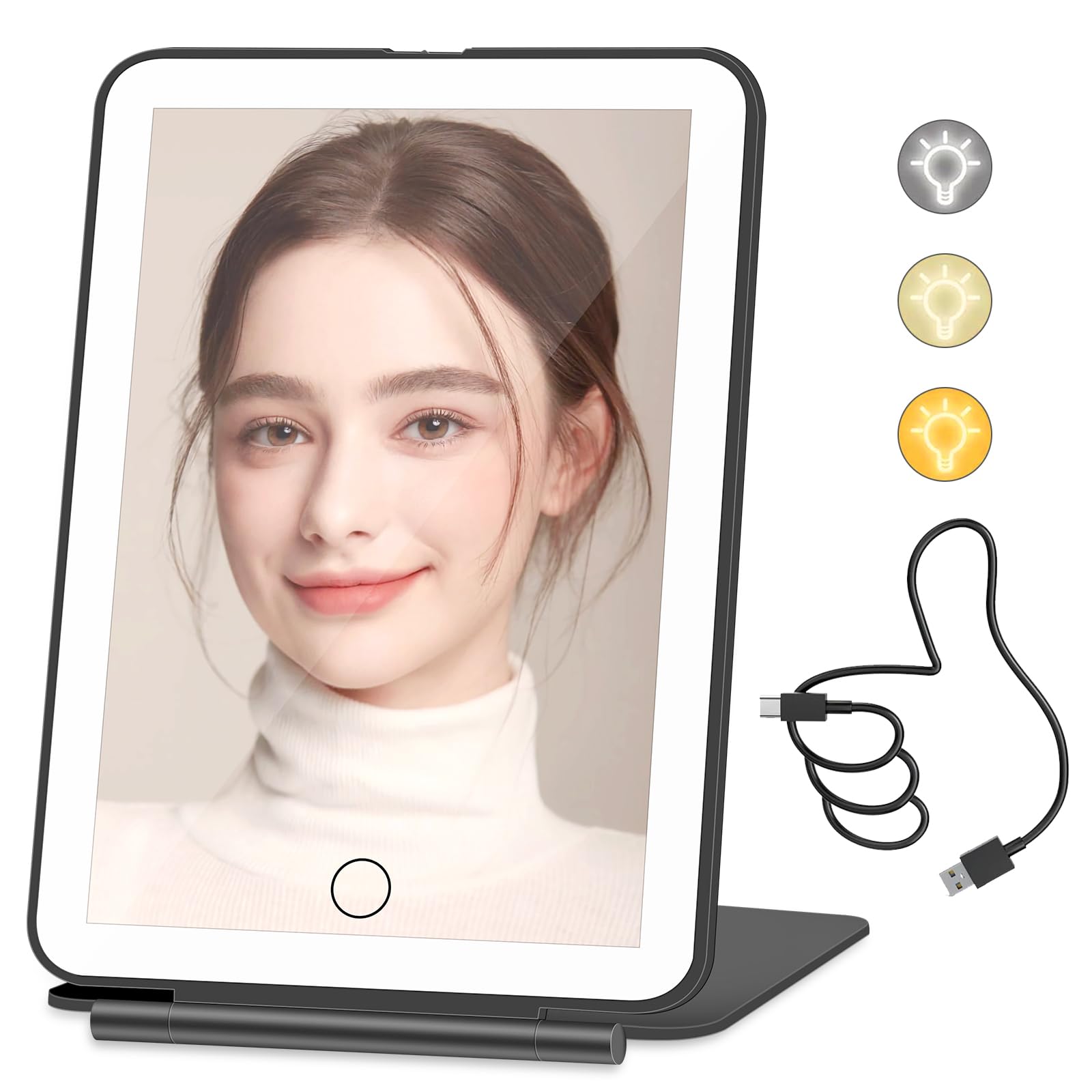 Makeup Mirror & Vanity Mirror with 96 Led Lights, Travel Mirror Lighted Makeup Beauty Mirror, 3 Color Lighting, Dimmable Touch Screen, Tabletop LED Folding Cosmetic Mirror with Lights - Black
