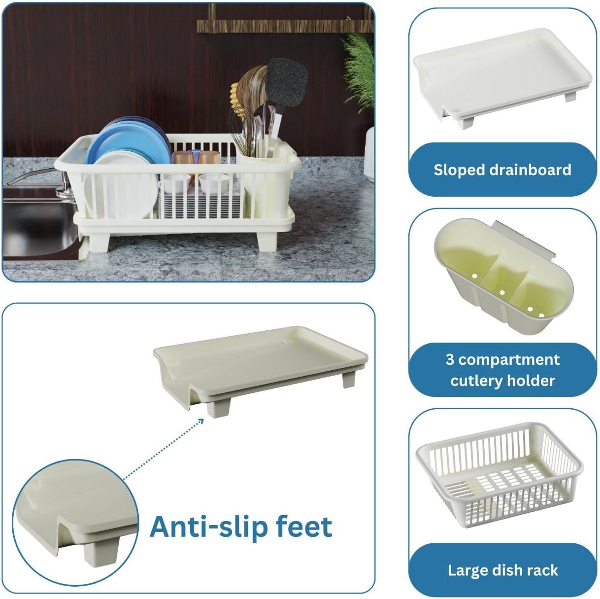 3pc Large Dish Drying Rack, Space Saving Dish Rack for Kitchen Counter, Plastic Dish Rack with Cutlery Holder and Dish Drainer