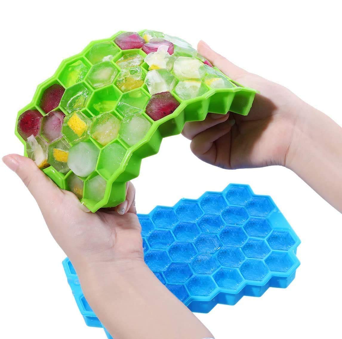 Ice Cube Tray, 2 Packs 74 Cubes Hexagon Silicone Ice Cube Molds, Easy-Release, BPA Free, Ice Tray with Lid for Baby Food, Water, Cocktails, Beer, Whiskey, Fruit Ice, for Family, Party & Bar