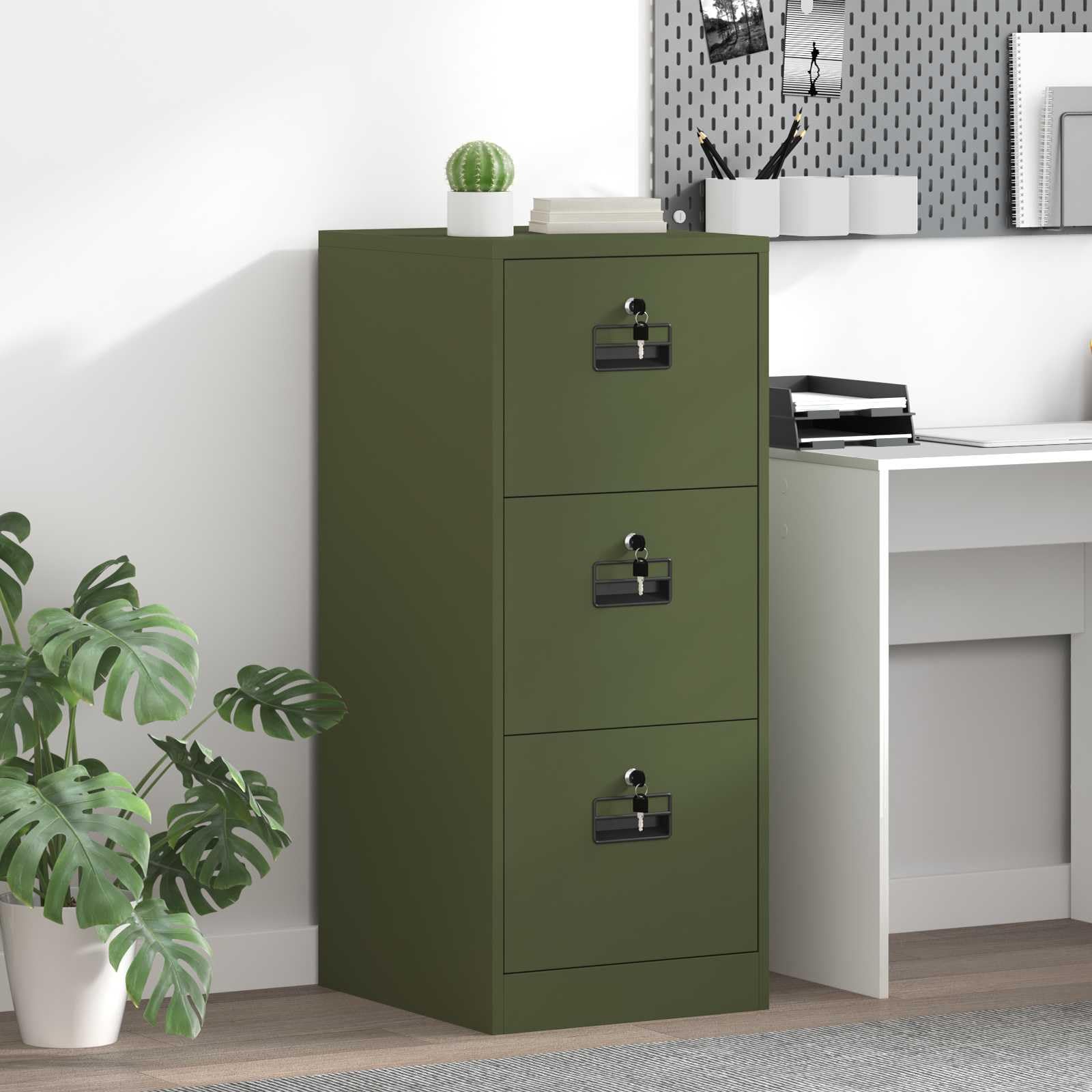 Aktenschrank Olive Grün aus Kaltgewalztem Stahl 44 x 50 x 106,5 cm mit 3 Schubladen, Ausziehbaren Regalen und Zylinderschlössern für Büro, Stauraum und Mehrzweck-Aufbewahrung