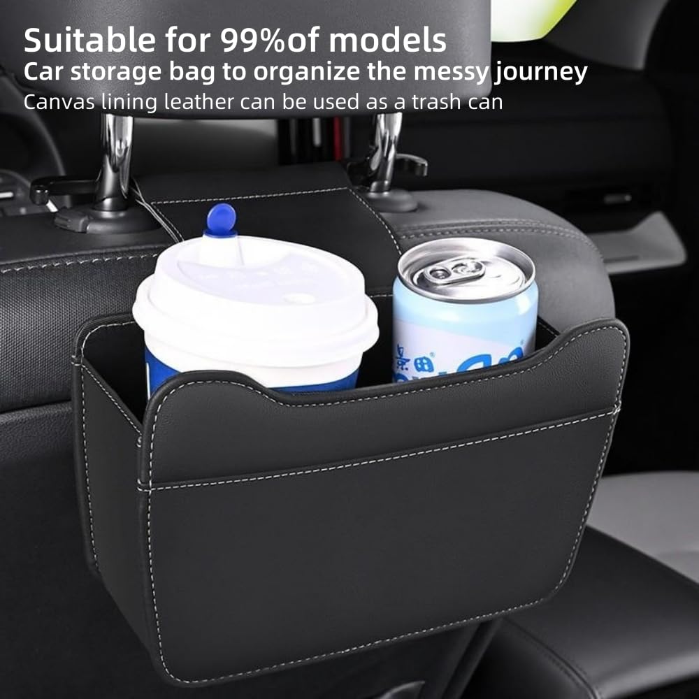 Car Leather Trash Can for Headrest, Hanging Garbage Bin, Waterproof Foldable Stroage Organizer for Car, Multipurpose Interior Accessories for SUV Truck RV Camping(Black Seat headrest)